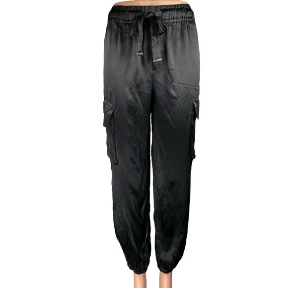 Rachel Zoe Black Silky Satin Drawstring Tapered Trousers Joggers Cargo Pants XS - Picture 1 of 6